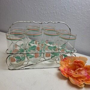 Vintage Libbey Tulip Tumbler Glasses Set of 8 with Metal Cottagecore Carrier